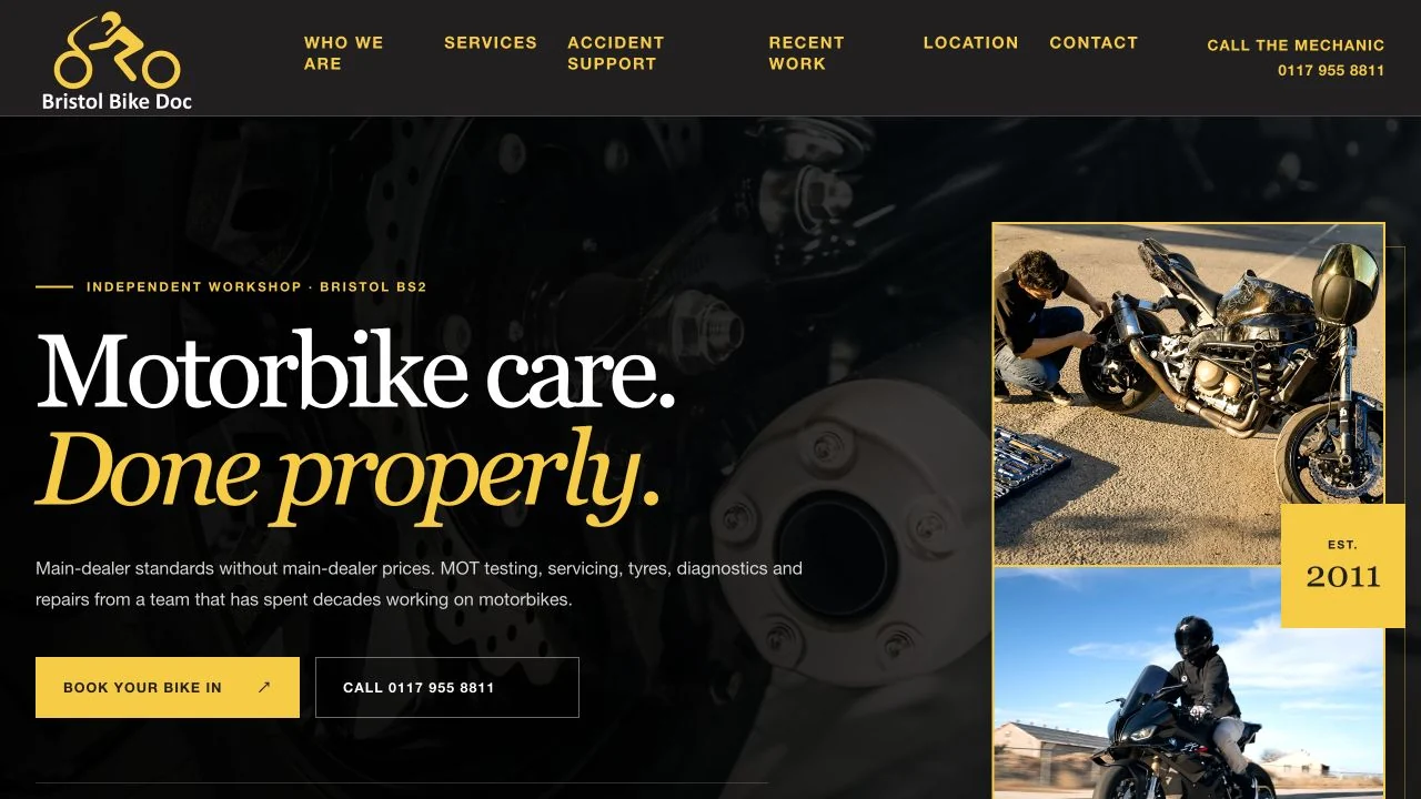 The improved Bristol Bike Doc website hero designed by DB Sites