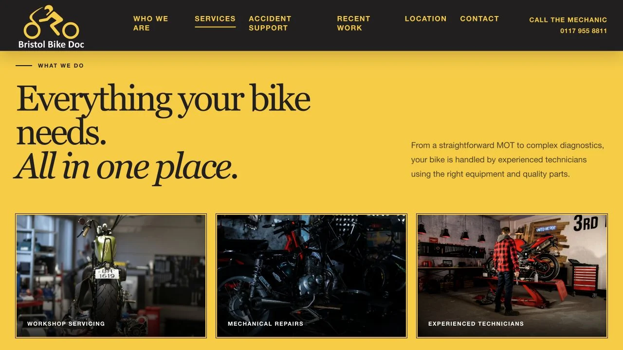 The new Bristol Bike Doc services section designed by DB Sites