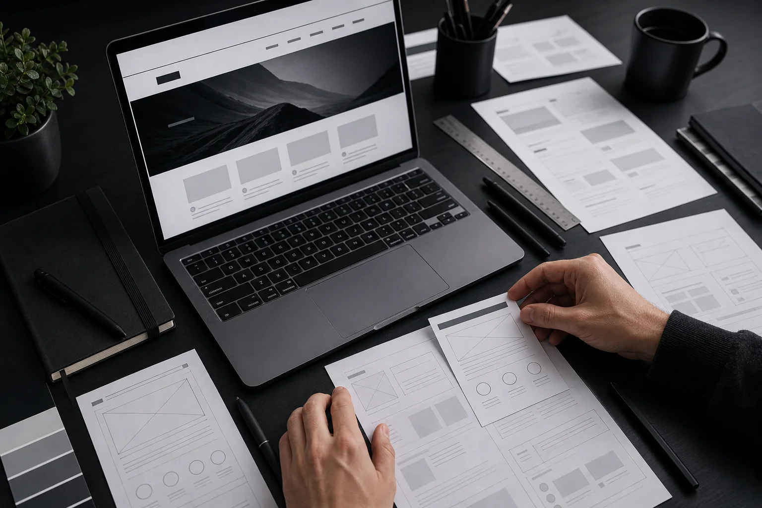 A new website being planned with wireframes beside a laptop